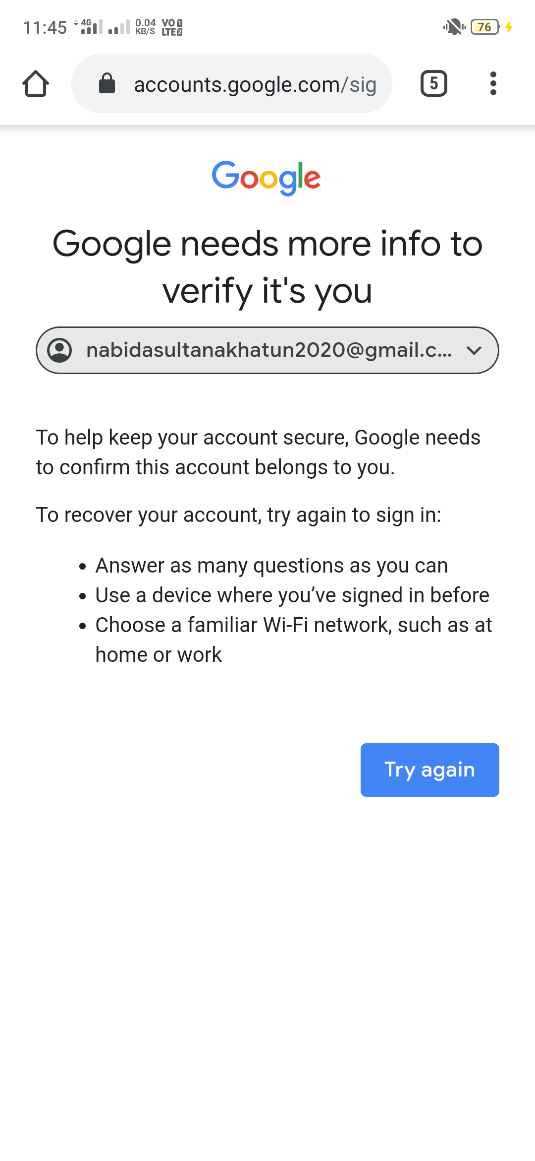 Password forgot, after recovering showing - google can't verify it's