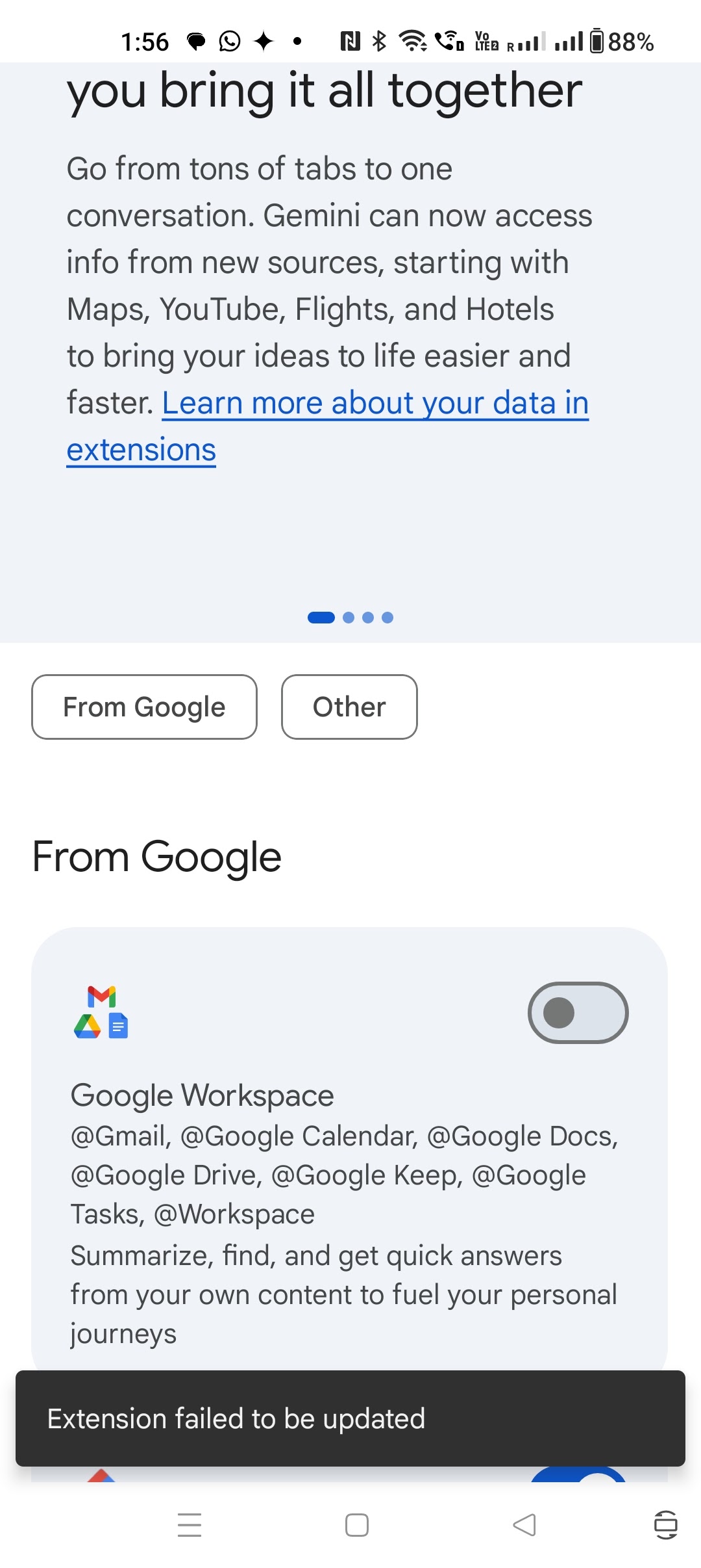 Can't enable Google workspace extension for Gemini - Gemini Apps