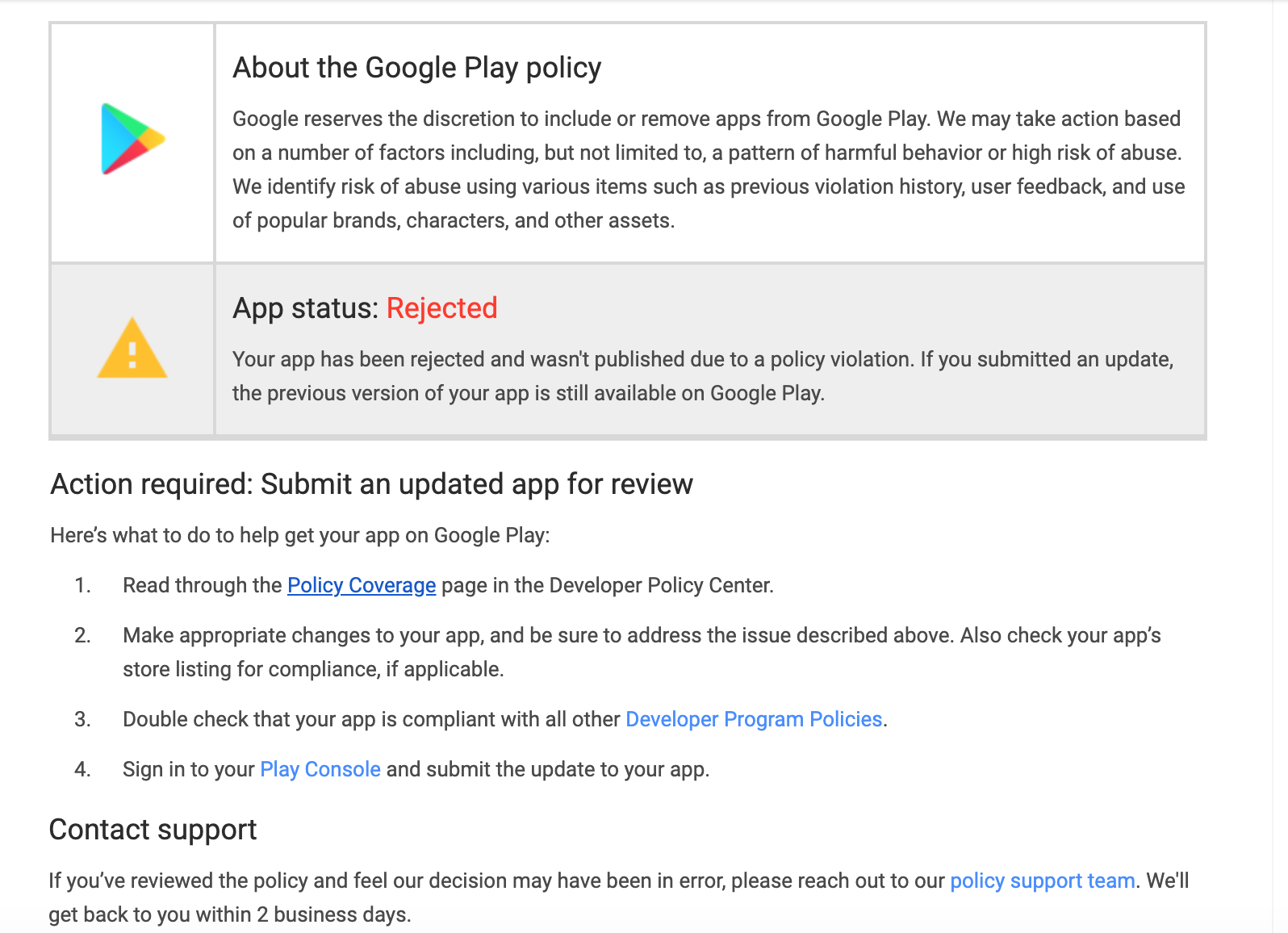 App Status Rejected Action Required Submit An Updated App For Review Google Play Community