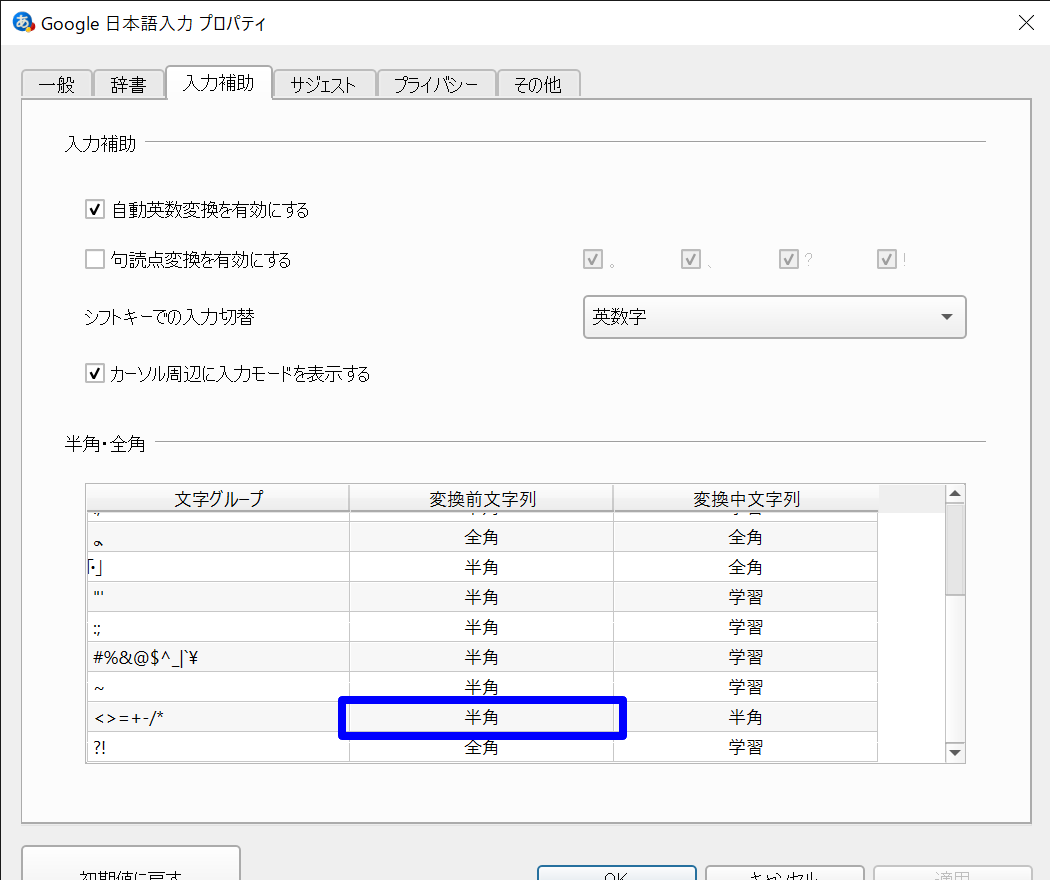 プロパティ 入力補助 半角 全角 文字グループ の変換前