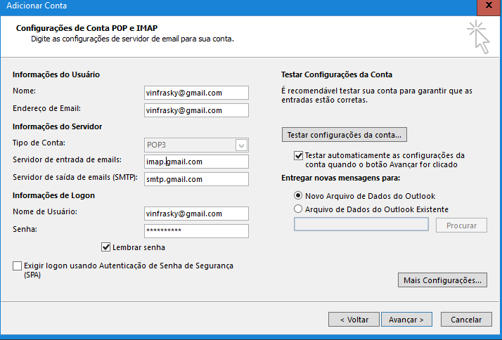 Configurar conta gmail imap no outlook 2016