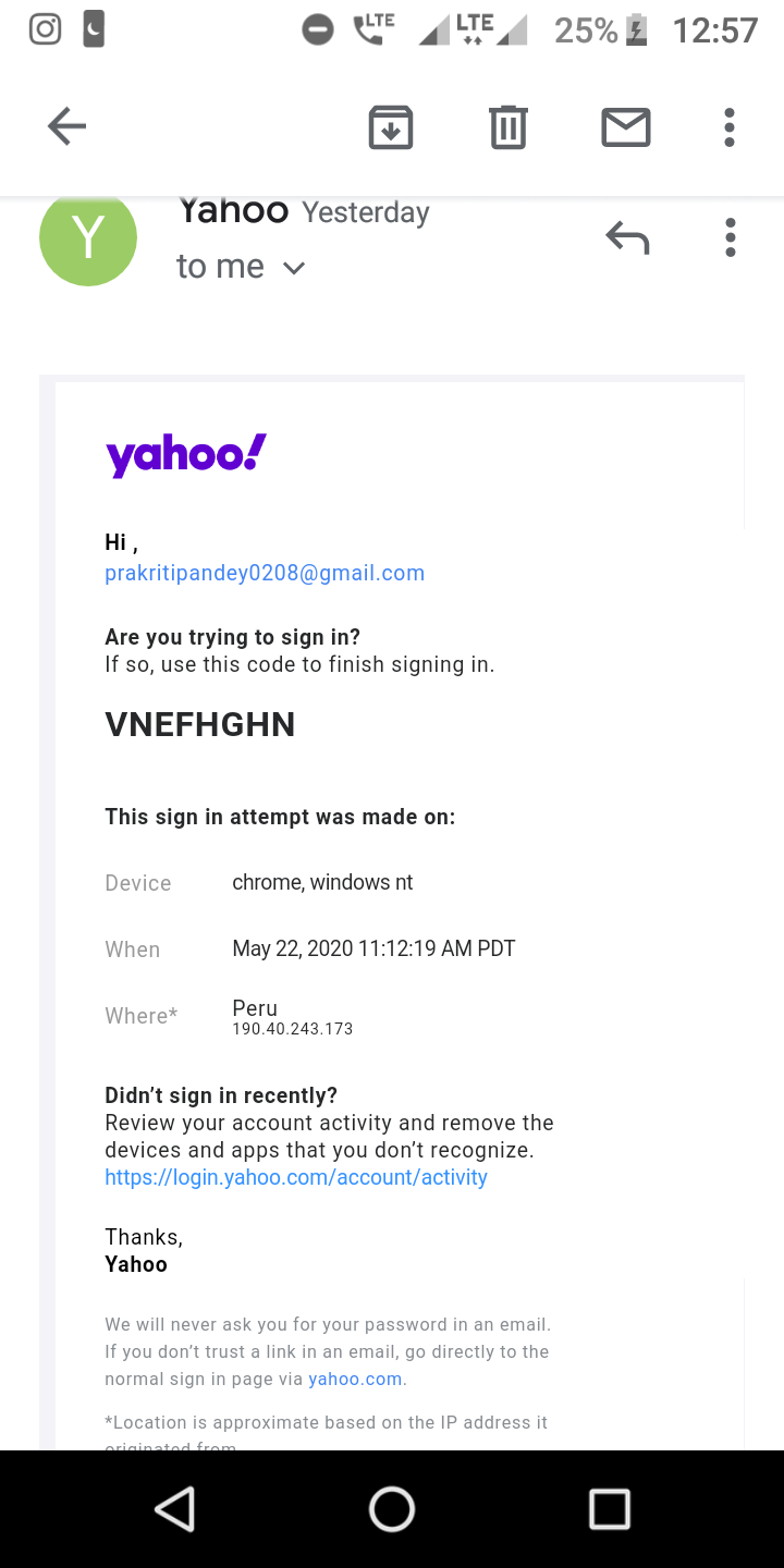 yahoo not sending verification code