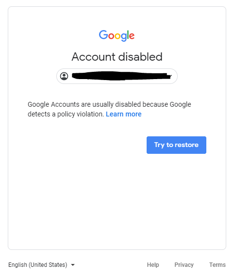 Google account deleted due to tos violations