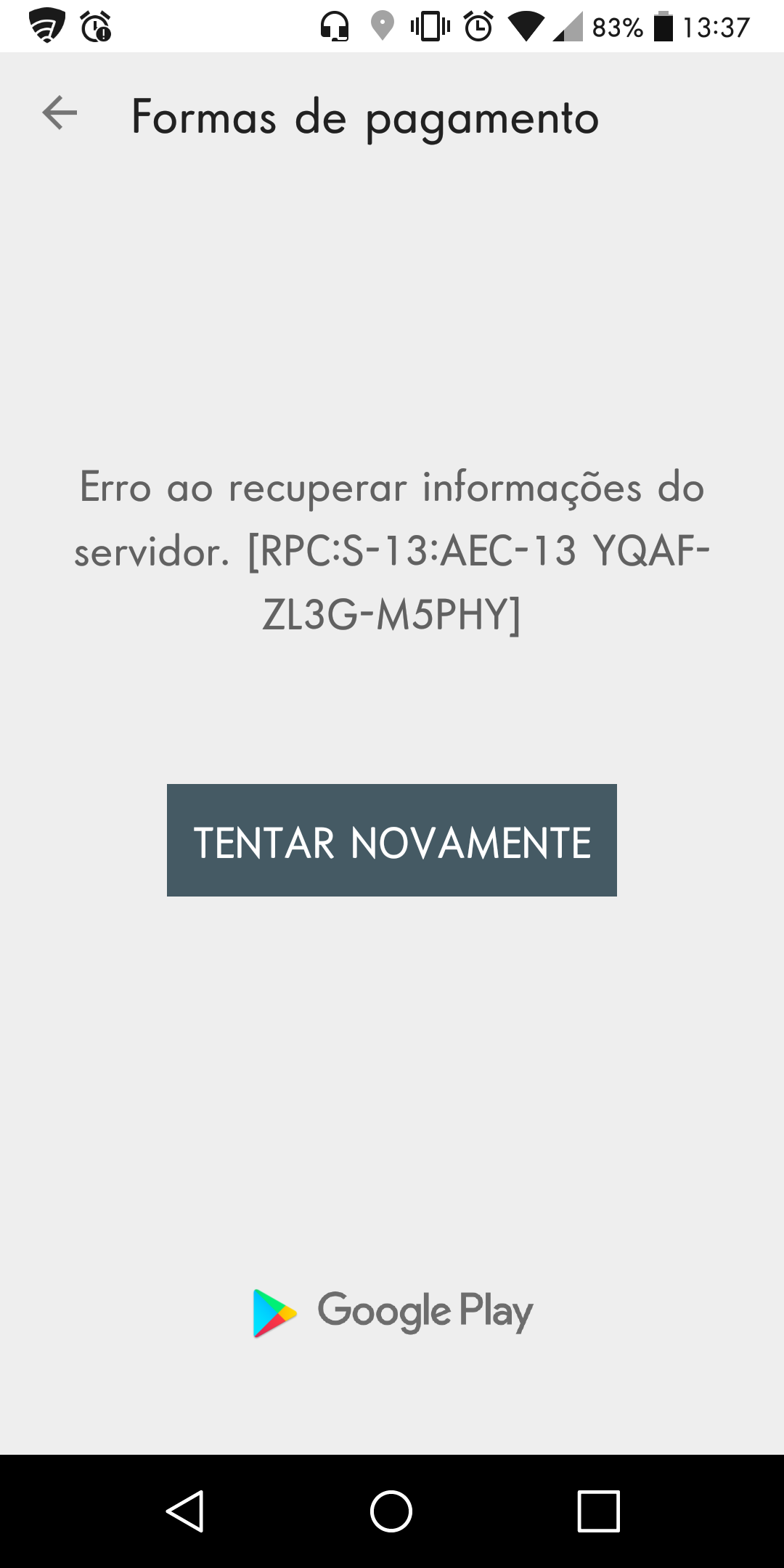 Por que que eu estou recebendo erro da Play Store recuperar