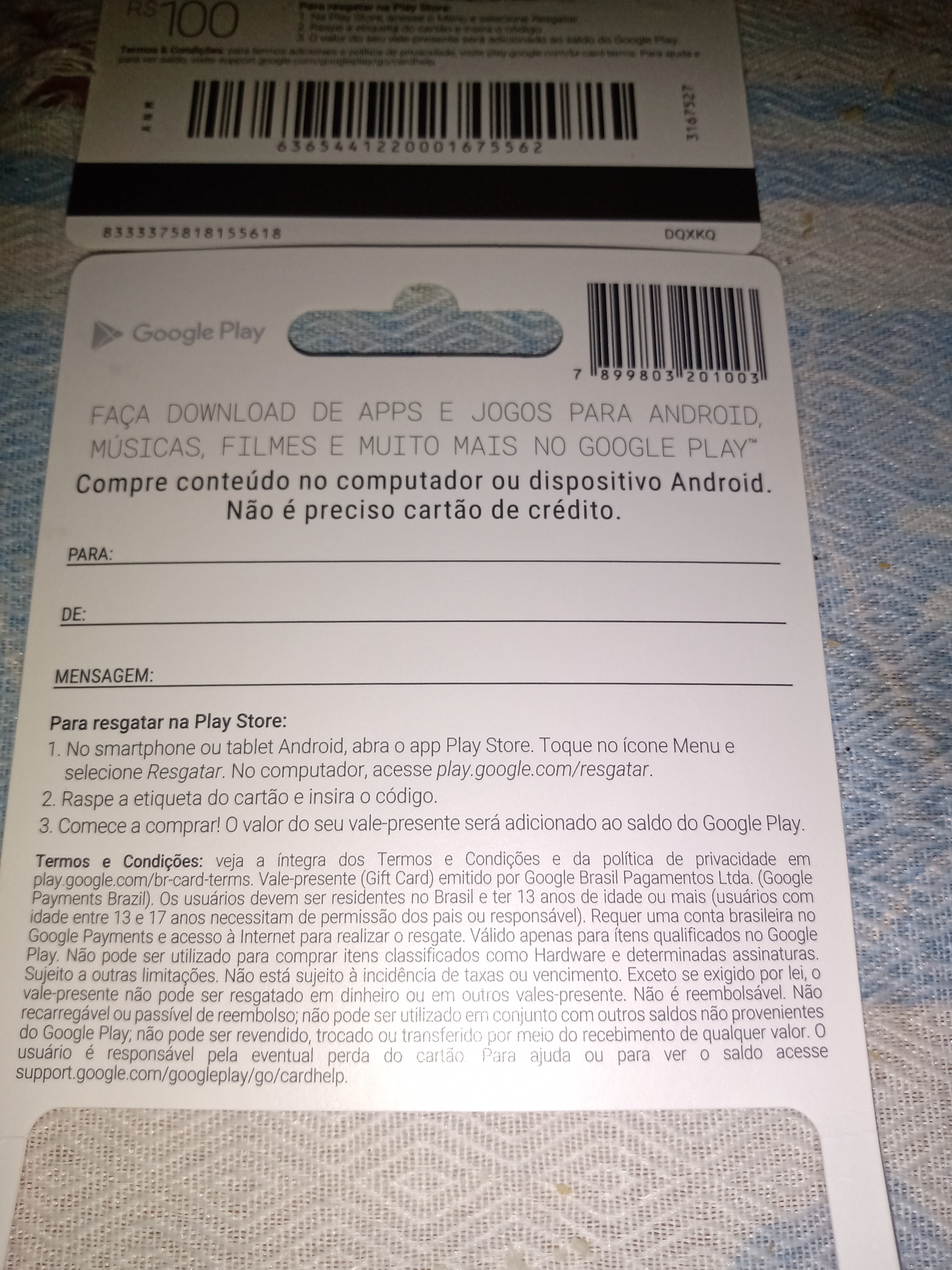 Comprei 3 cards de 100 reais 2 eu consegui resgatar mais 1 eu não consegui  não o que eu faço - Comunidade Google Play