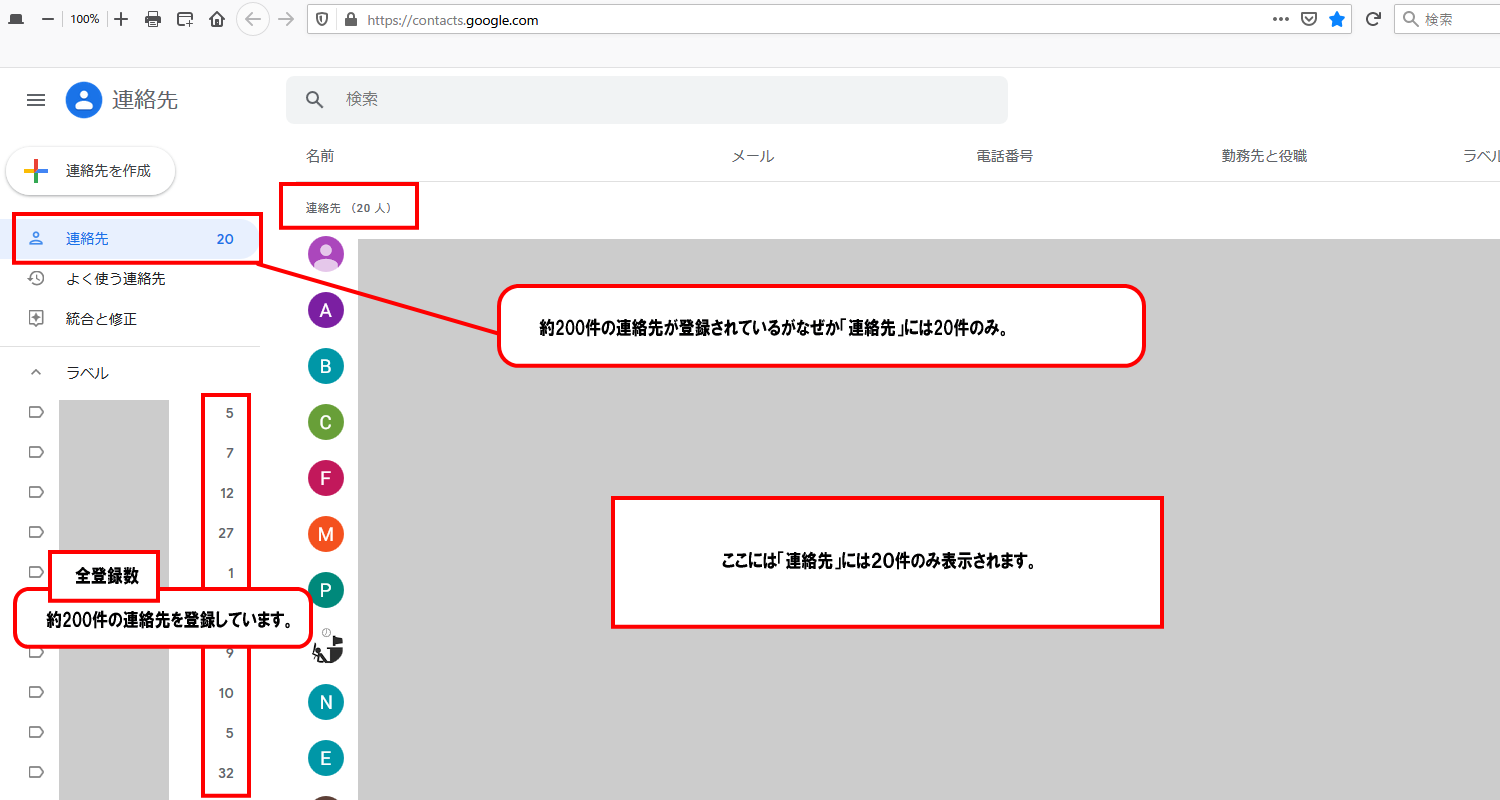 Https Contacts Google Com 約200件が登録されているのですが なぜか連絡先には20件しか表示されません なぜでしょうか Gmail コミュニティ