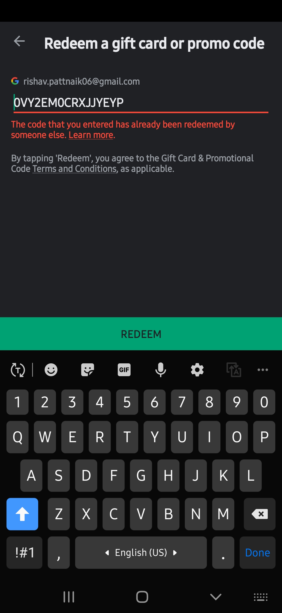 I have purchased a Google Play Code and when I entered the