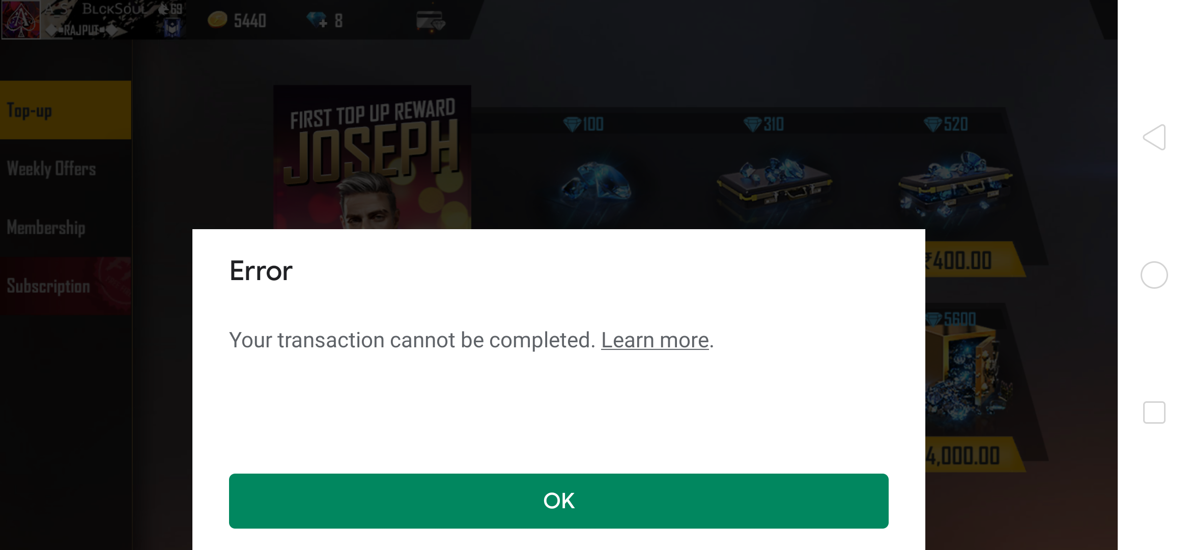 Free fire top up err transaction cannot completed - Google Play Community