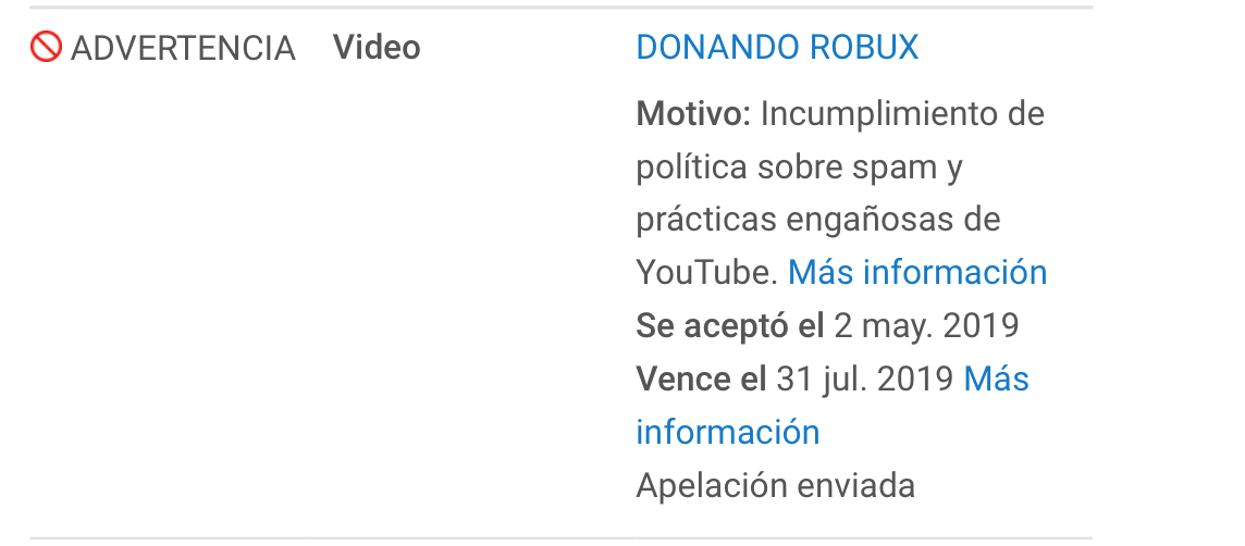 Ayuda Youtube Lleva 5 Dias Sin Responder Mi Apelacion Youtube Community - donando robux youtube