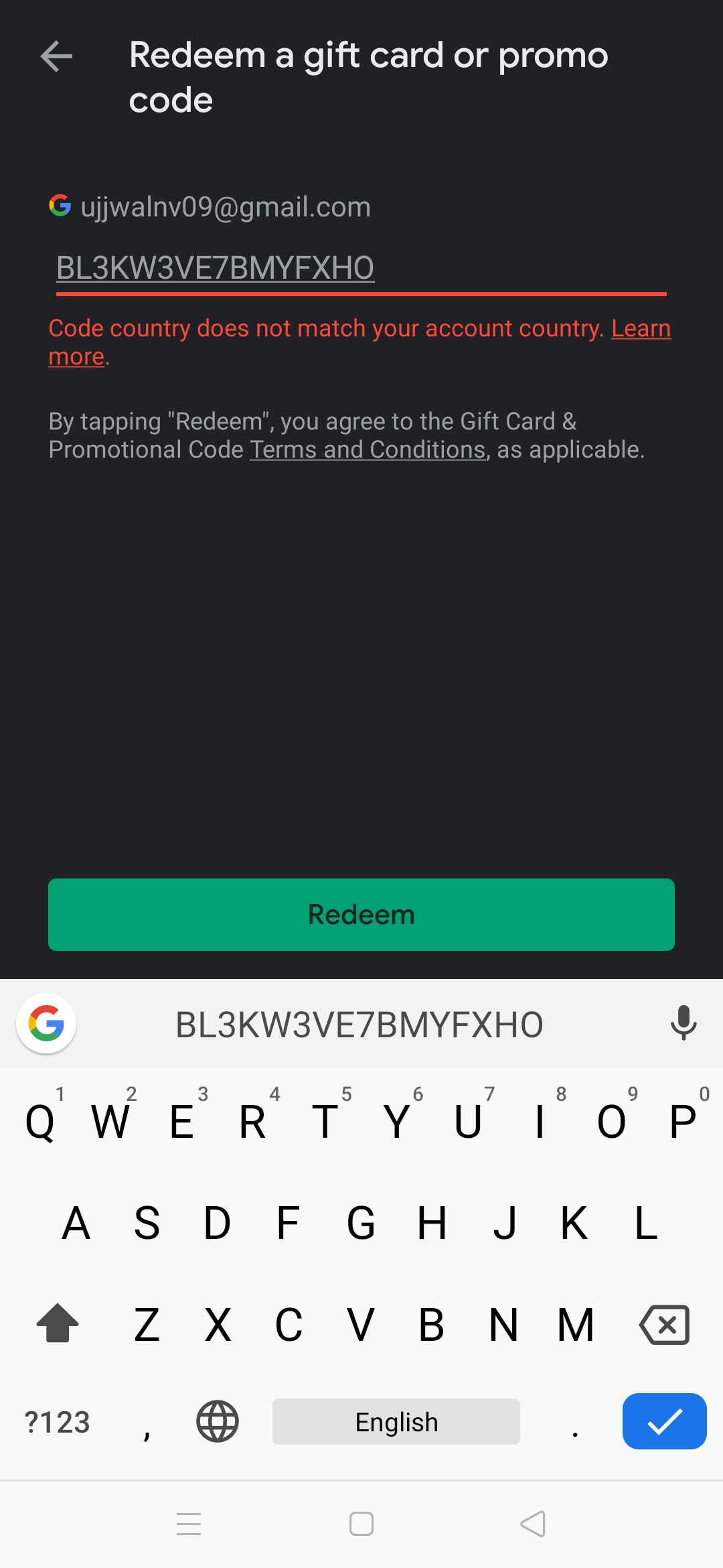 Redeem code not redeem - Google Play Community