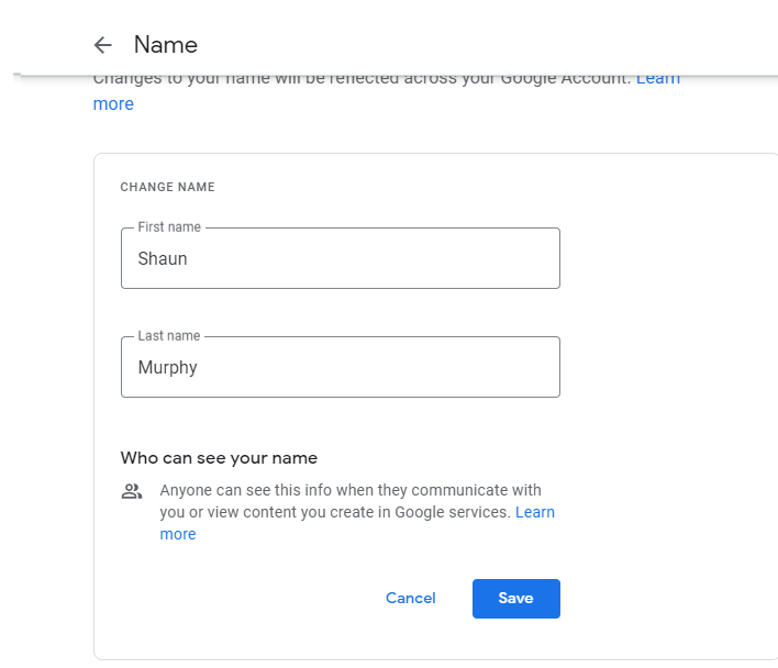 How can I change my first and last name on Google?