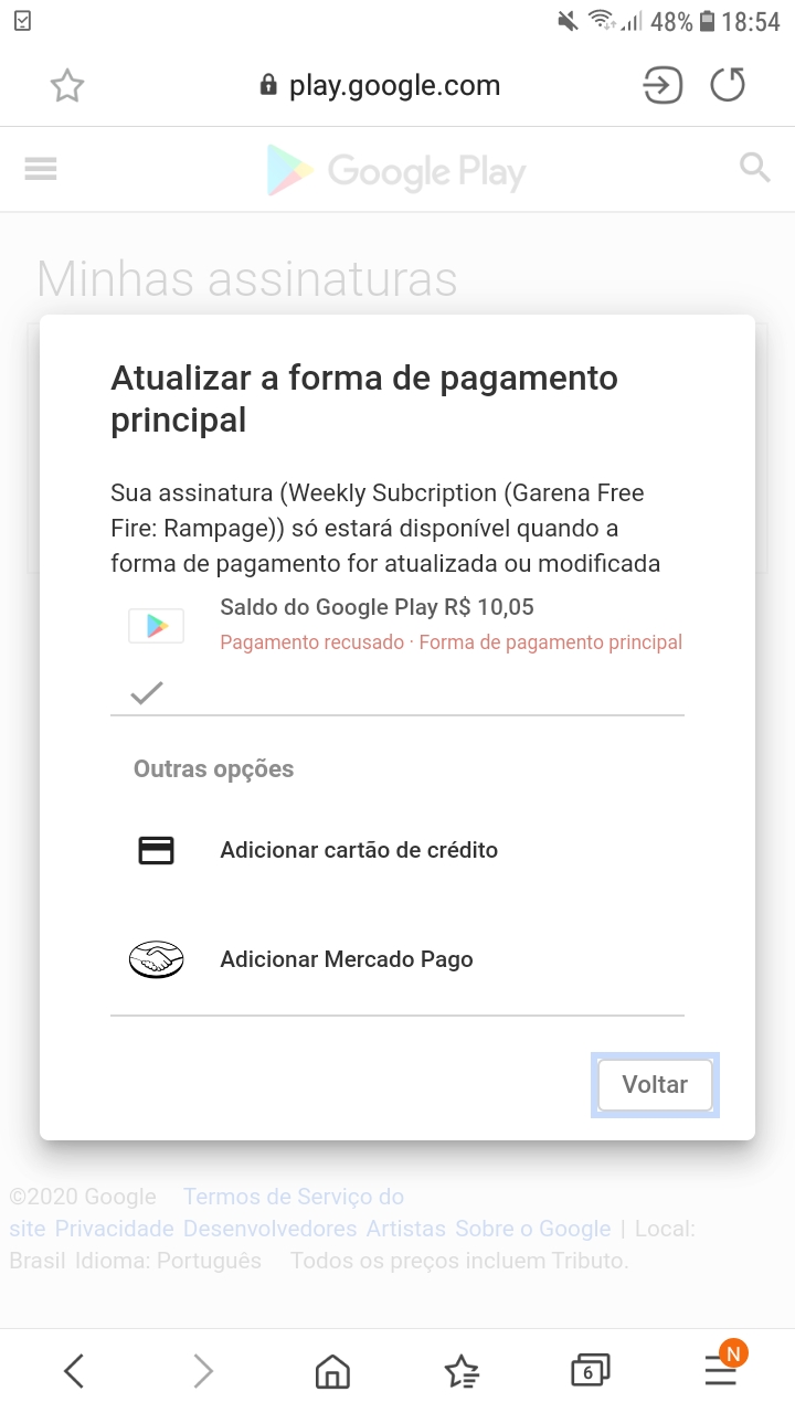 Eu fiz uma assinatura da Google Play 8 99 do free Fire para uma conta e  acabou caindo na outra conta - Comunidade Google Play