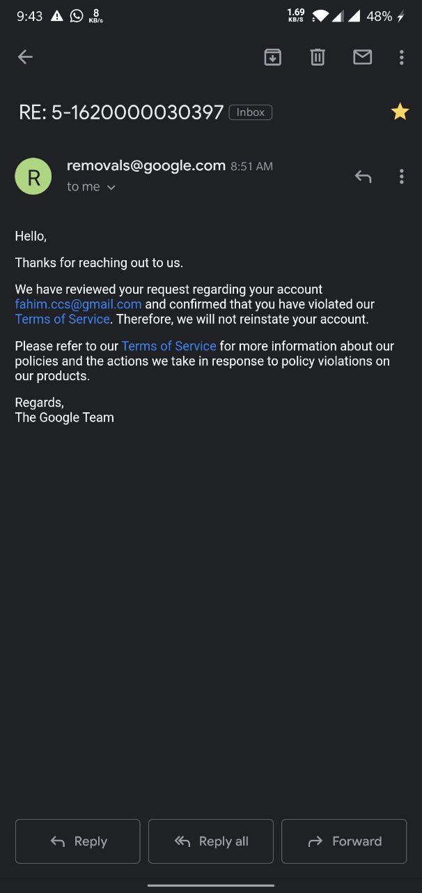 Google account deleted due to tos violations