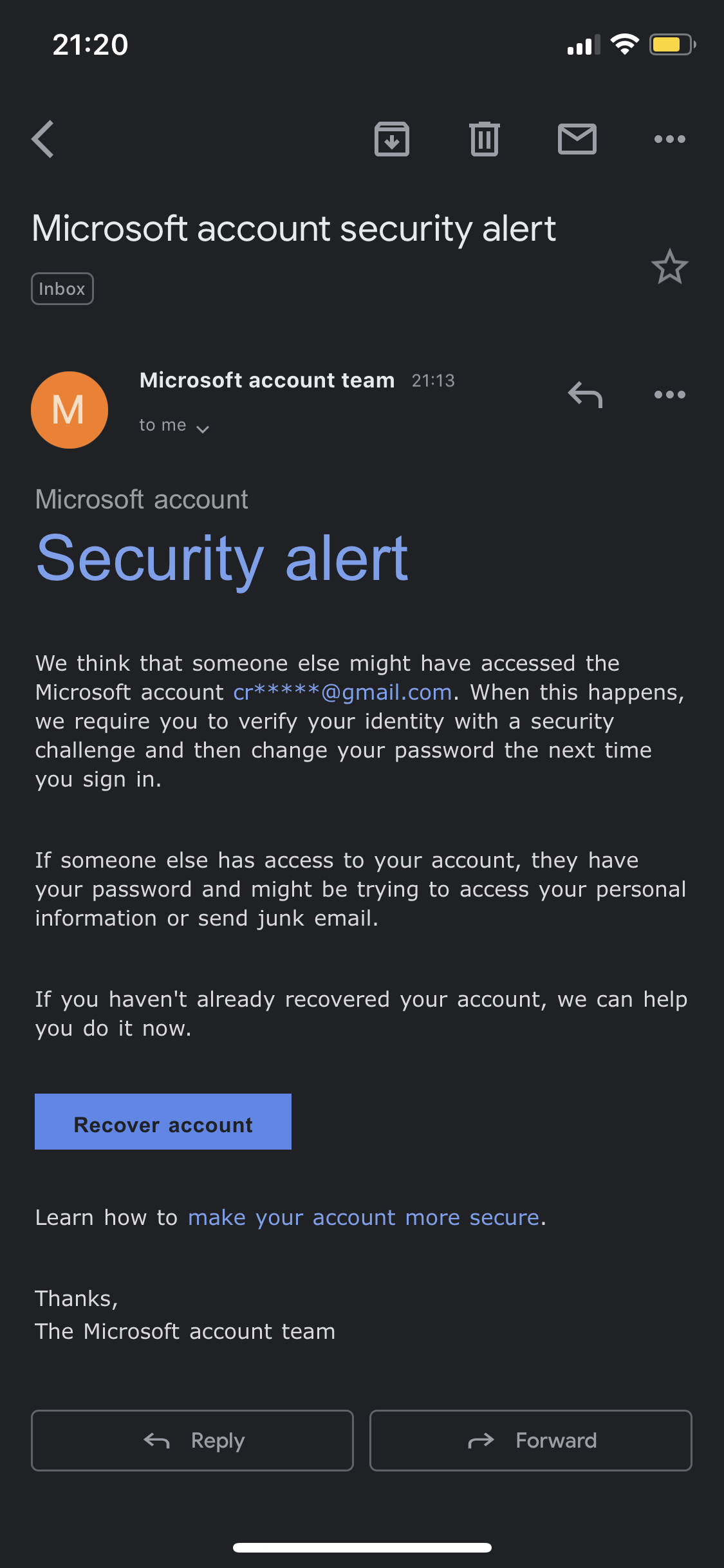 microsoft account security alert text