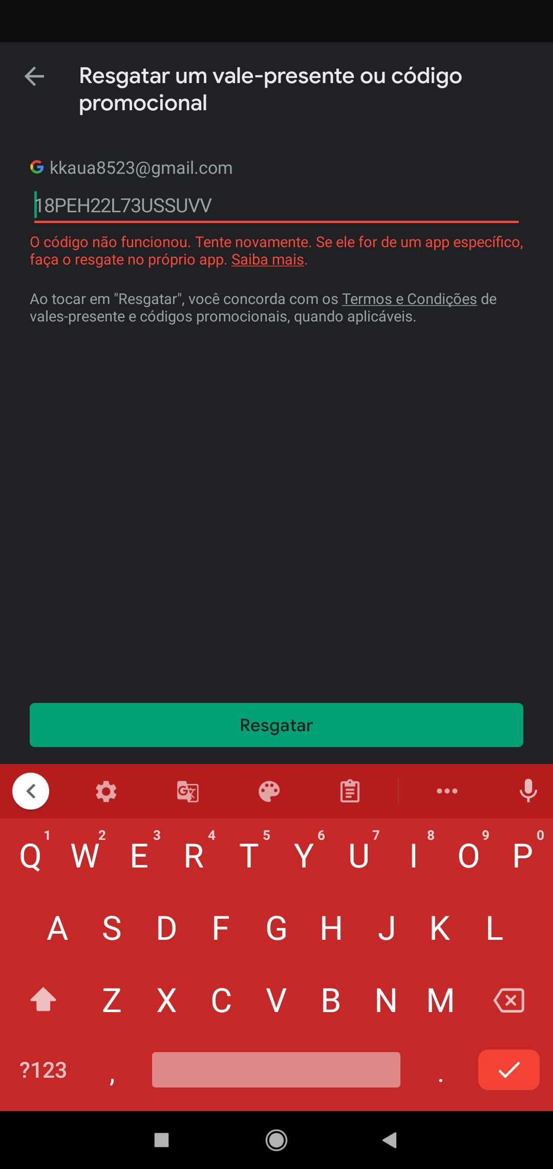 Não foi possível resgatar ó código. Ele só poder ser usado neste país:  Brasil. - Comunidade Google Play