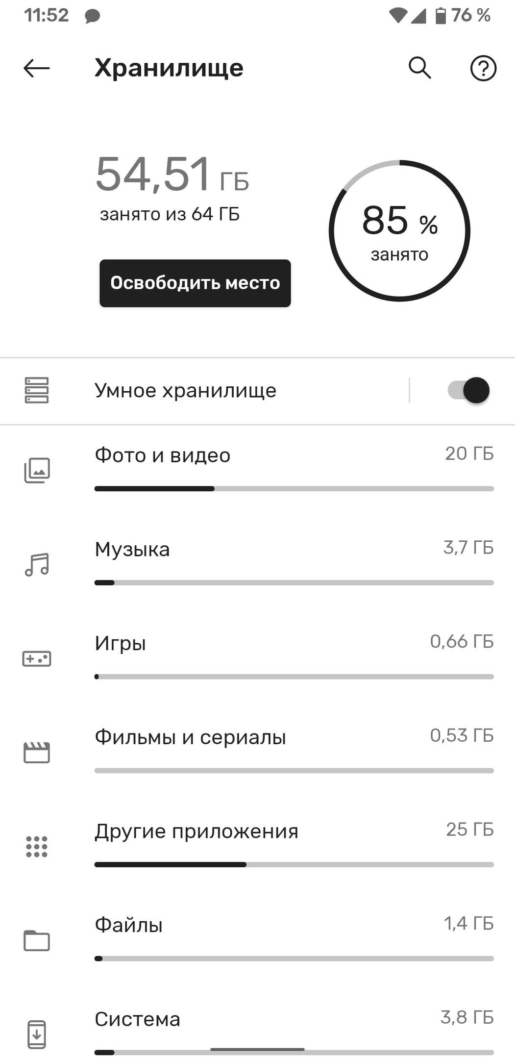 занято много места на телефоне хотя место есть (100) фото