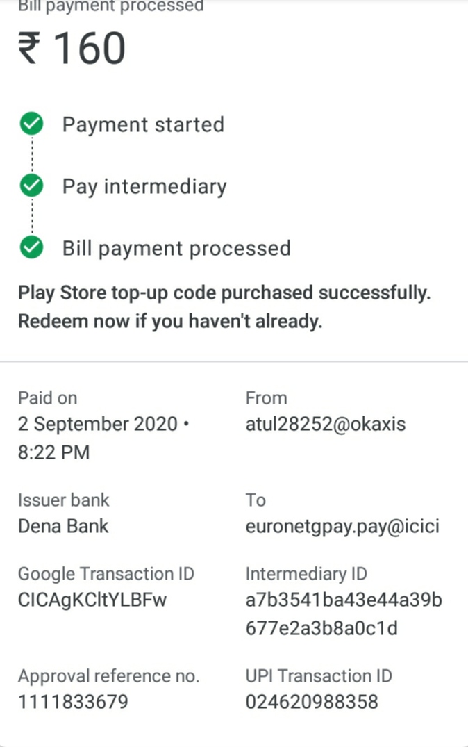 I buy a redeem code of rupees 160 and redeem in Play Store but