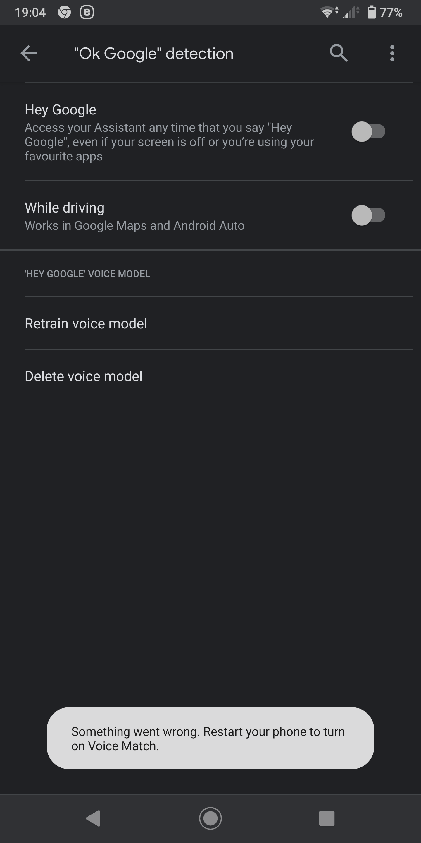 'hey google' will not enable: causes 'something went wrong' error