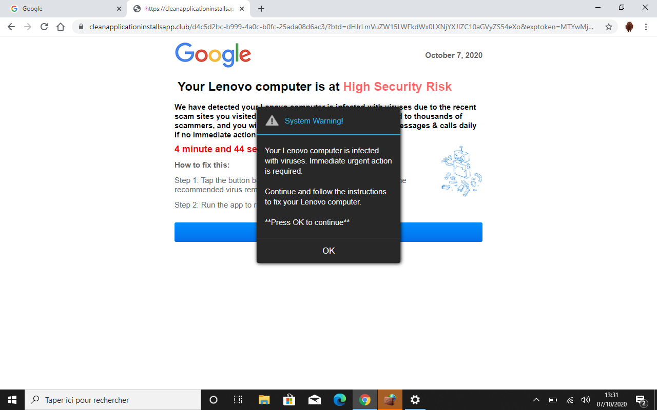 I got a Android virus scam on my computer on Chrome after i a Google website - Google Chrome Community