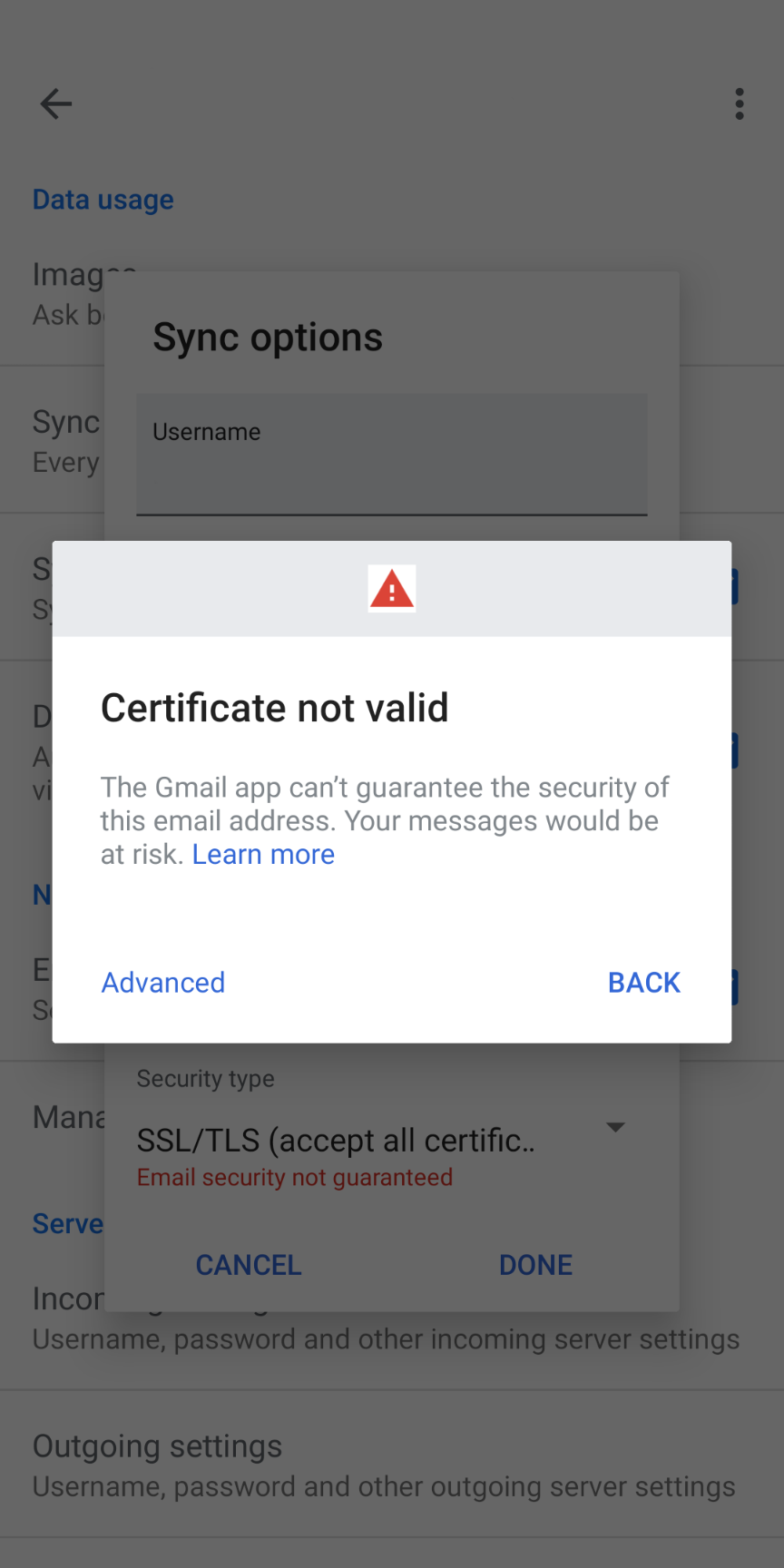 gmail security certificate error