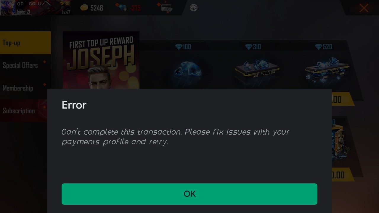 Free fire top up err transaction cannot completed - Google Play Community