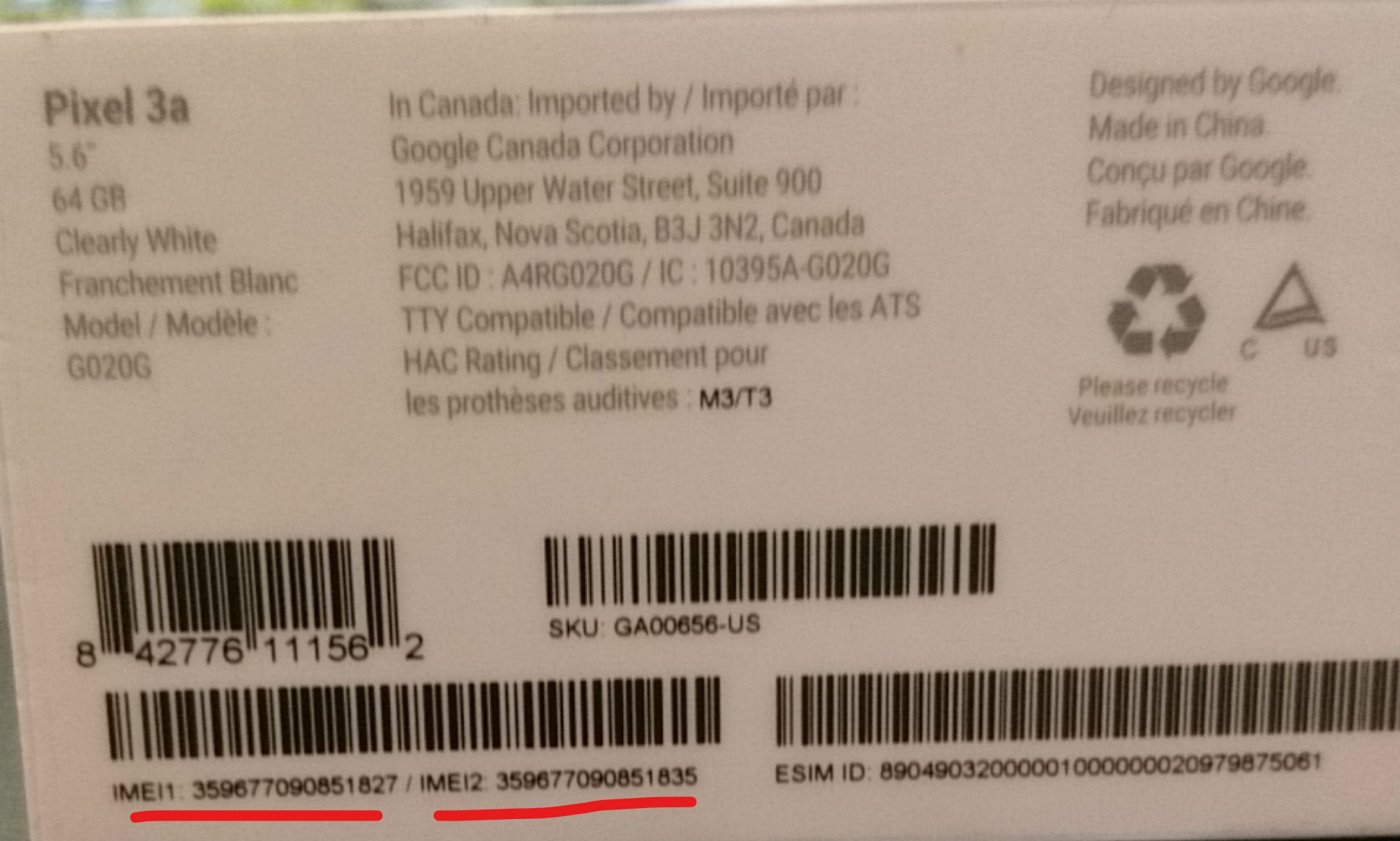 Why there is two IMEI numbers on the box of pixel 3a? - Google Pixel