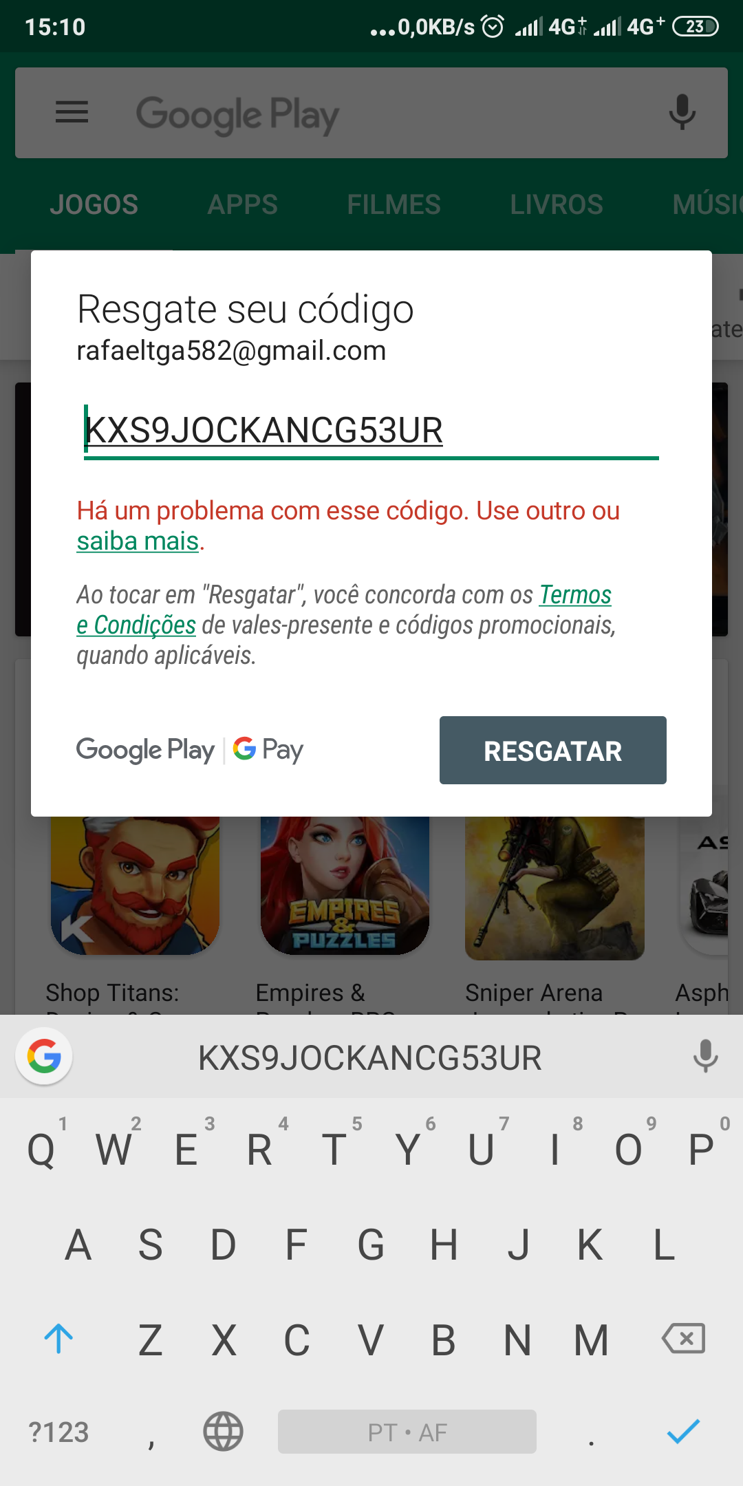 Comprei 3 cards de 100 reais 2 eu consegui resgatar mais 1 eu não consegui  não o que eu faço - Comunidade Google Play