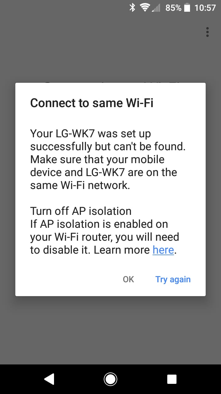 Lg Wk7 Is Connected To The Wifi When Setting It Up On Google Home