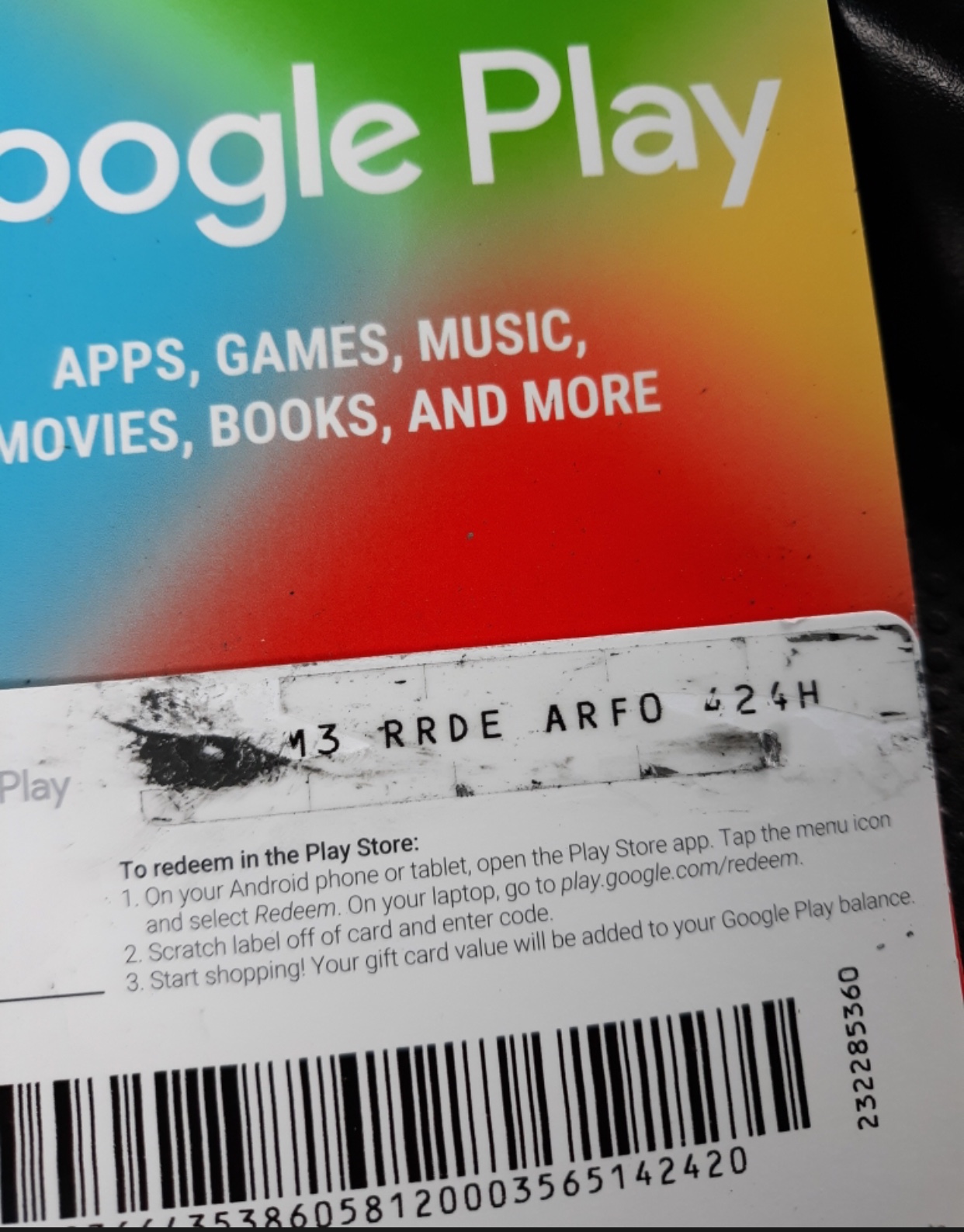 gift card pin scratched off google play