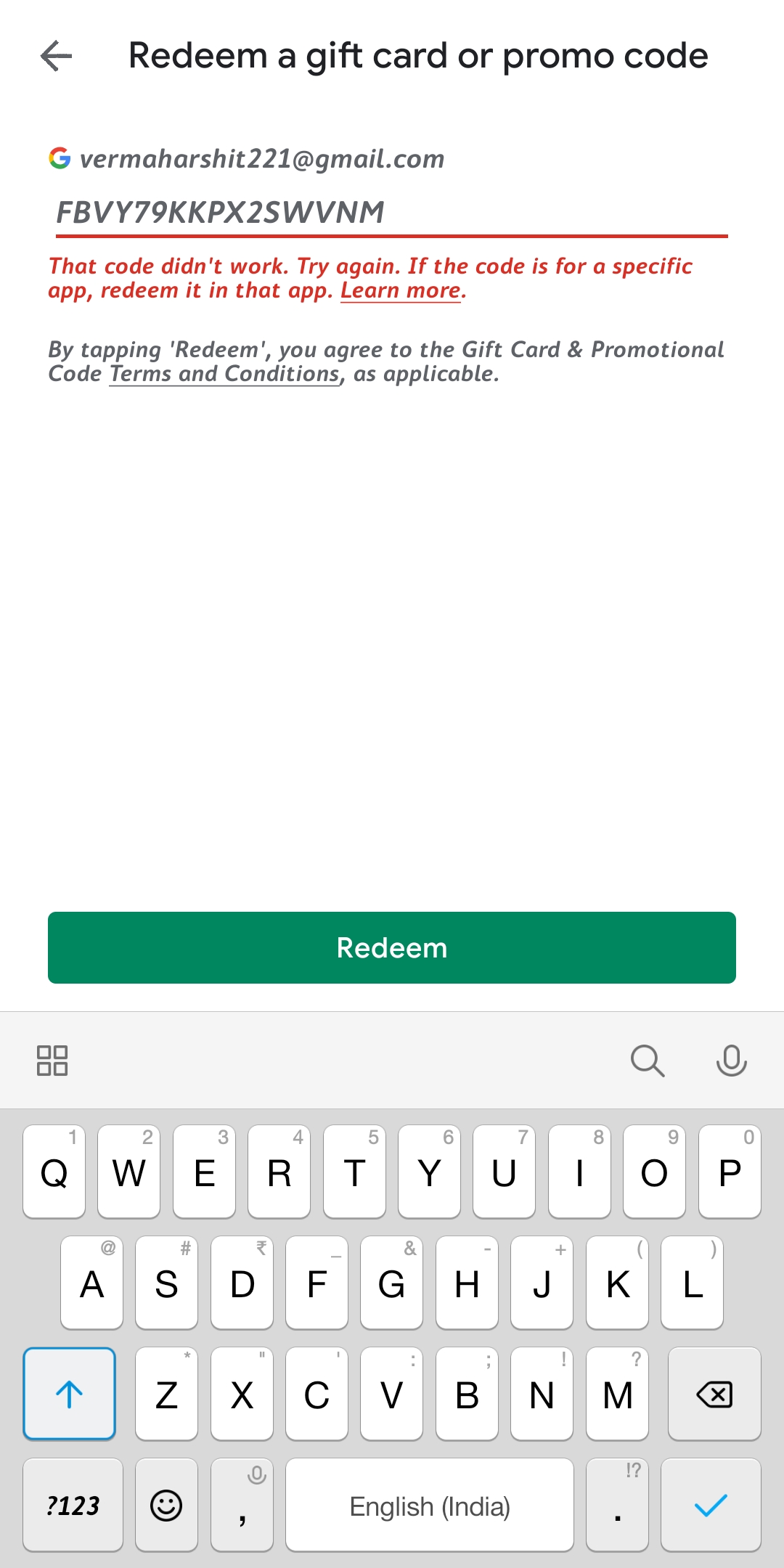 I messed up the redemption code - Google Play Community