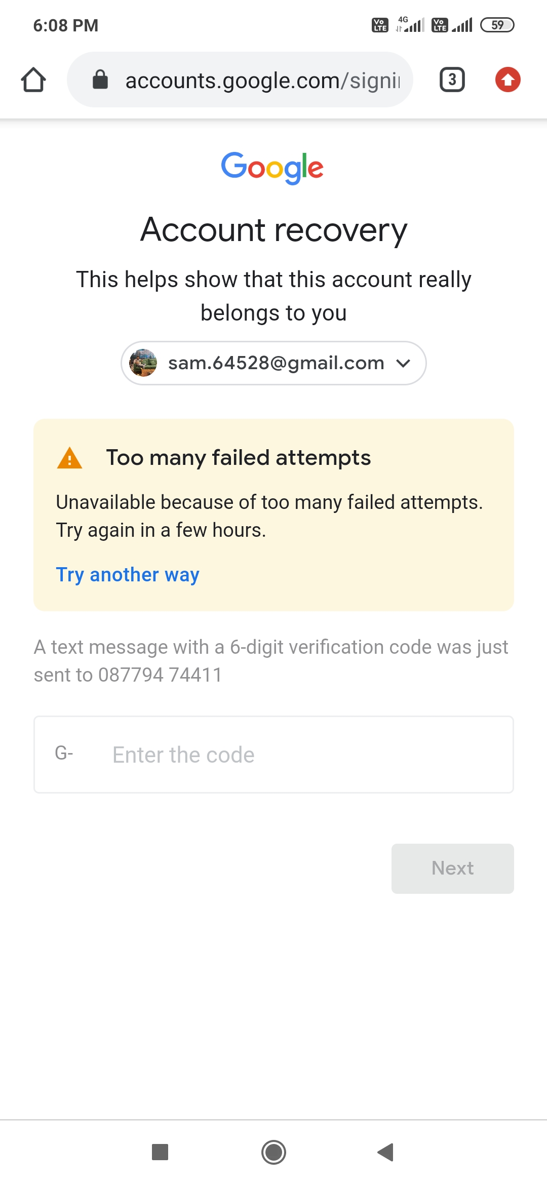 Hi I am unable to recover/reset my gmail password even after OTP