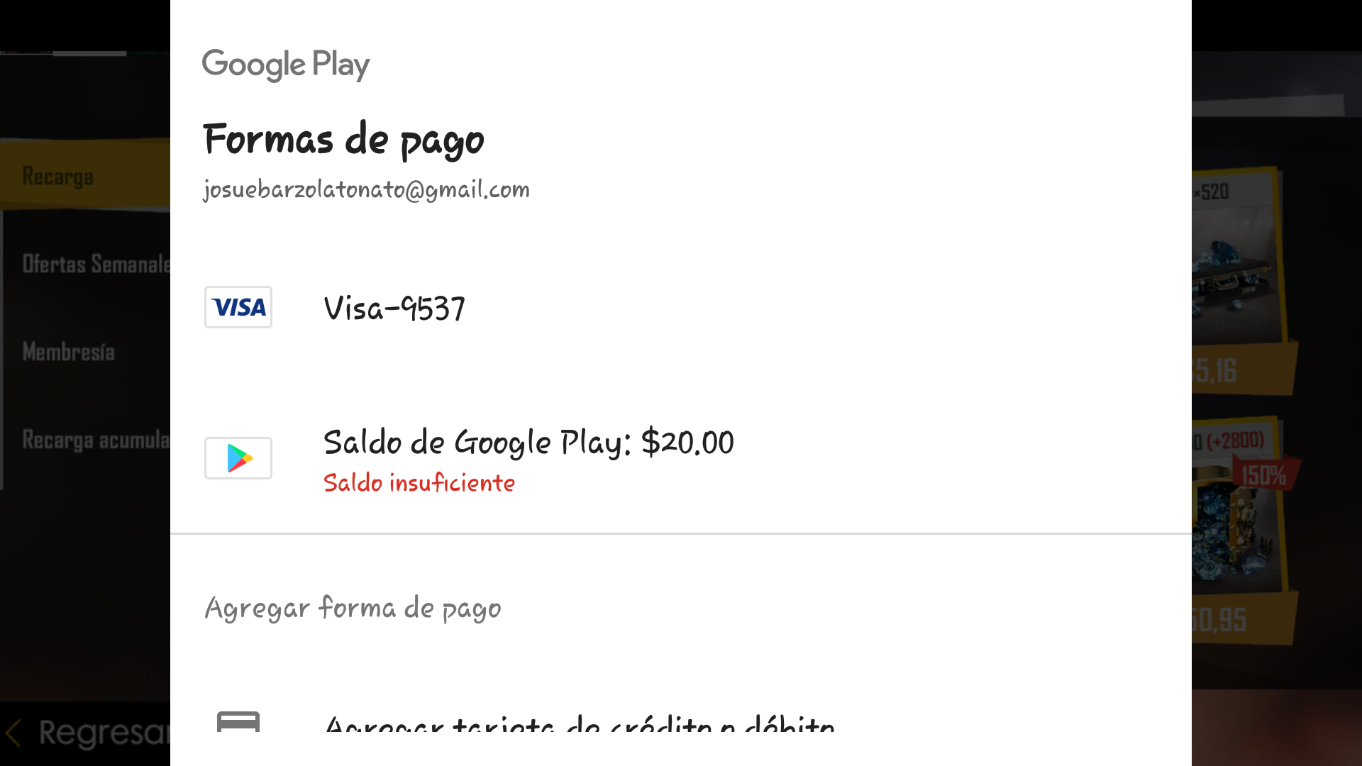 No Puedo Comprar Diamantes En Free Fire Usando Mi Tarjeta Gift Card Completar Con Mi Tarjeta Credito Google Play Community