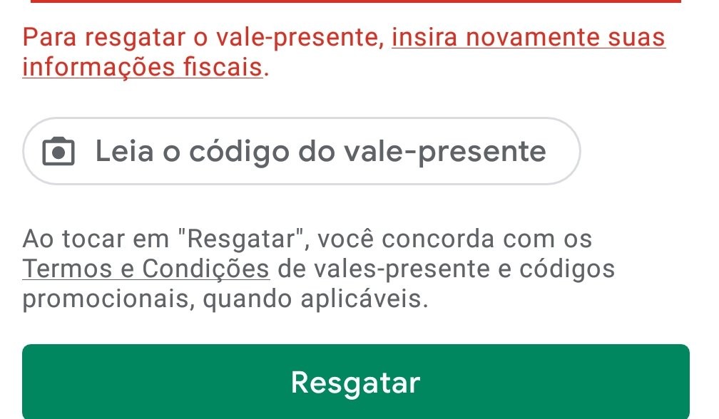 não consigo resgatar meu código vale presente na google play - Comunidade Google  Play