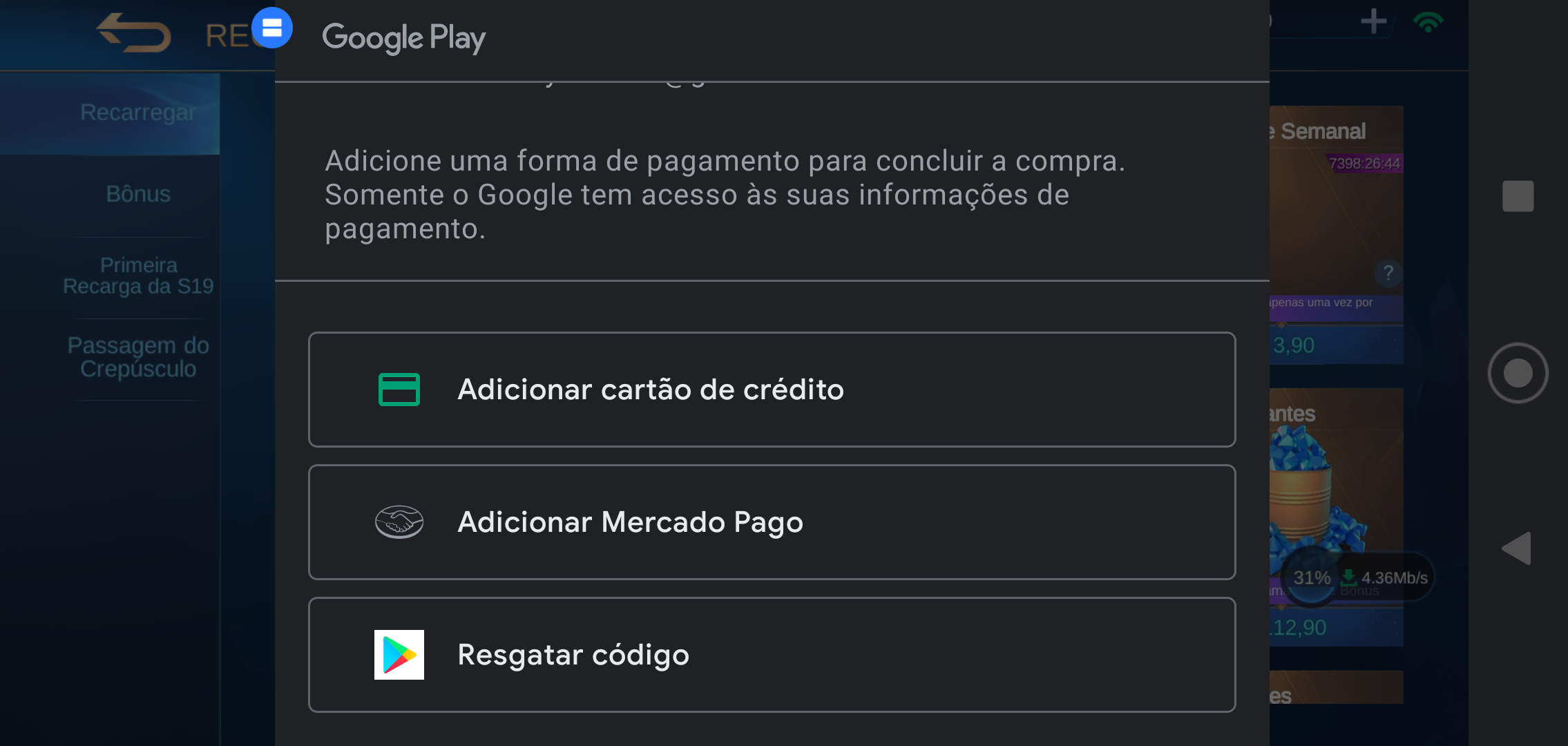 Não consigo comprar diamante no jogo aparece item indisponível na