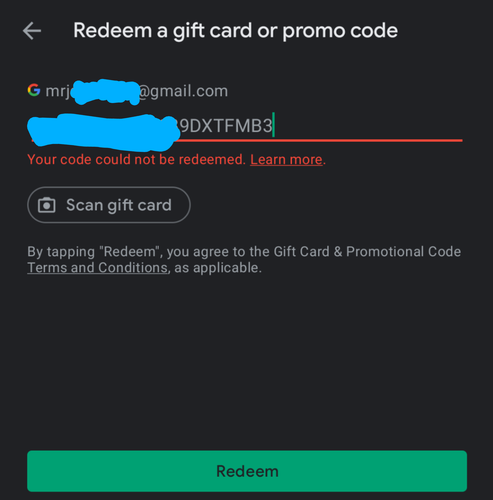 Redeem code not redeem - Google Play Community