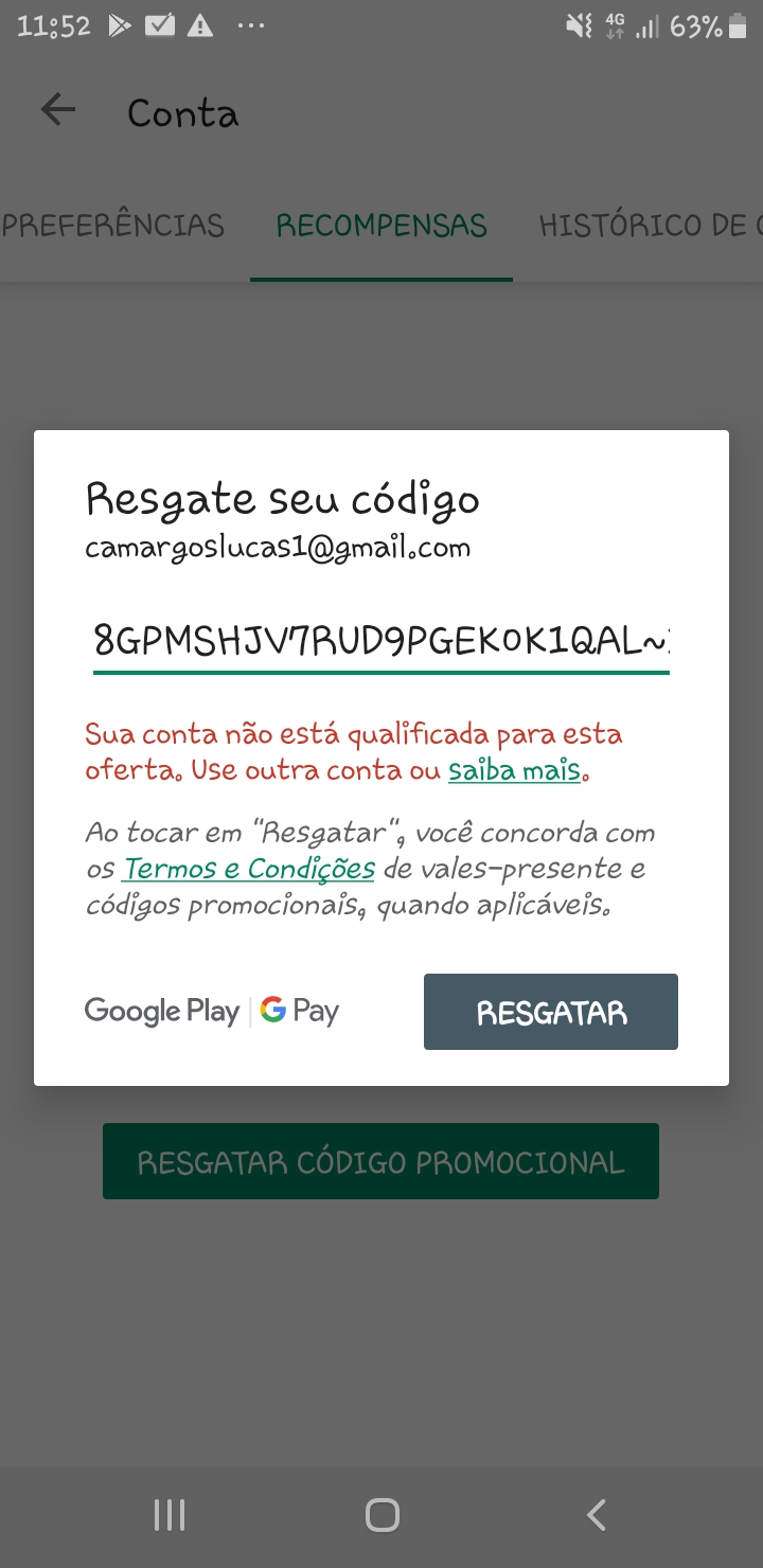 Não consigo resgatar meu código - Comunidade Google Play