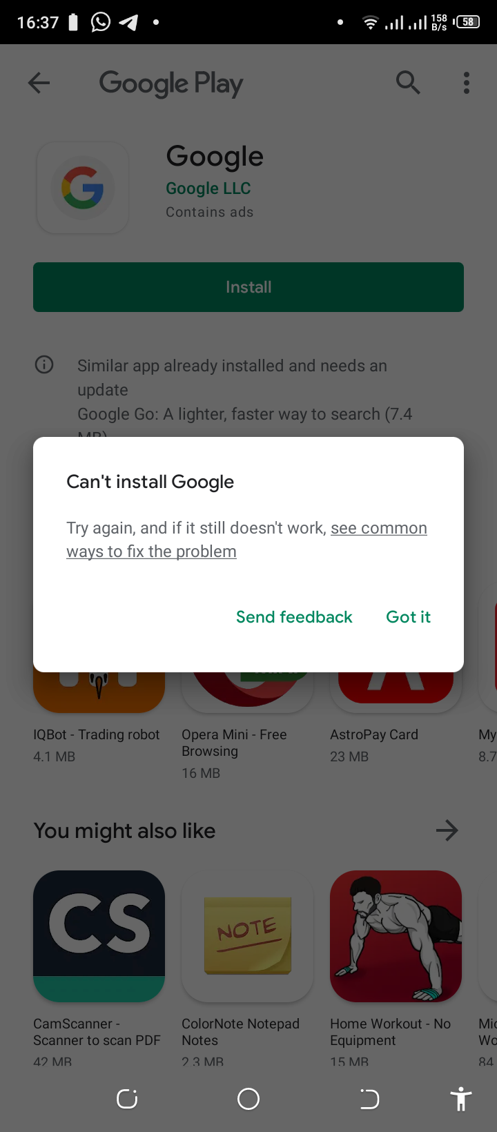 Unable to install Google play apps