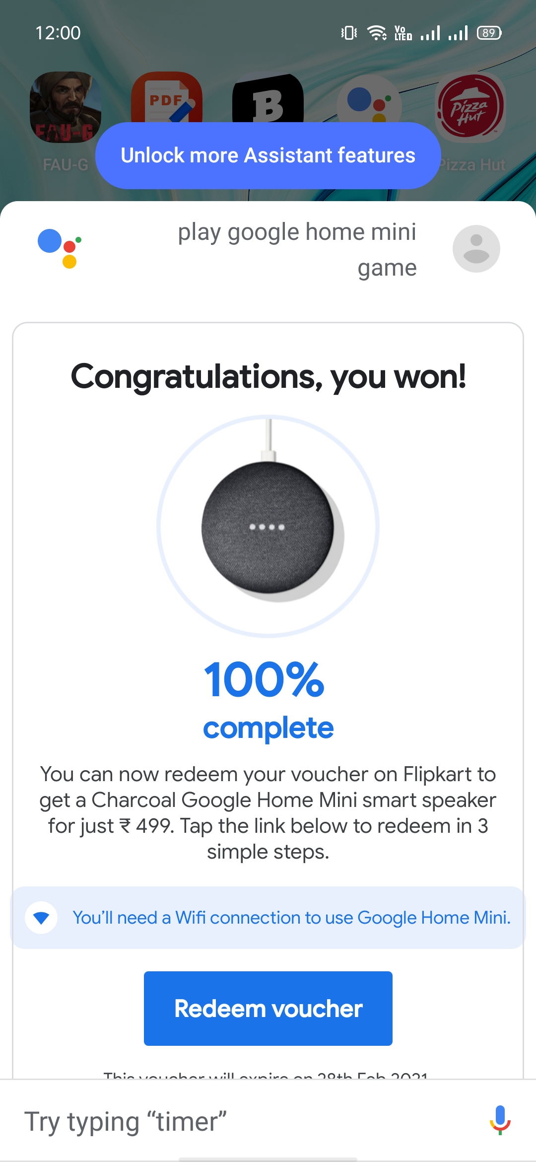 I won google home mini game but i am unable to redeem the voucher on  flipkart. - Google Assistant Community