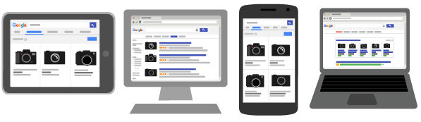 An illustration showing how Shopping ads appear on many different devices