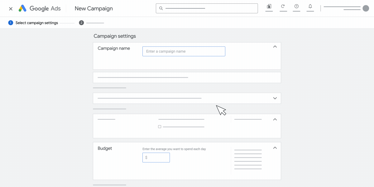 An animation that shows the campaign settings section when creating a new travel campaign in your Google Ads account. 