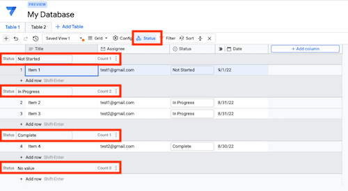 Group by column the data in a table