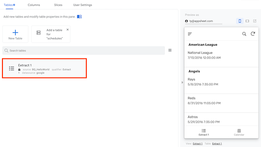 Data > Tables pane showing the Extract1 table being used in the AppSheet app