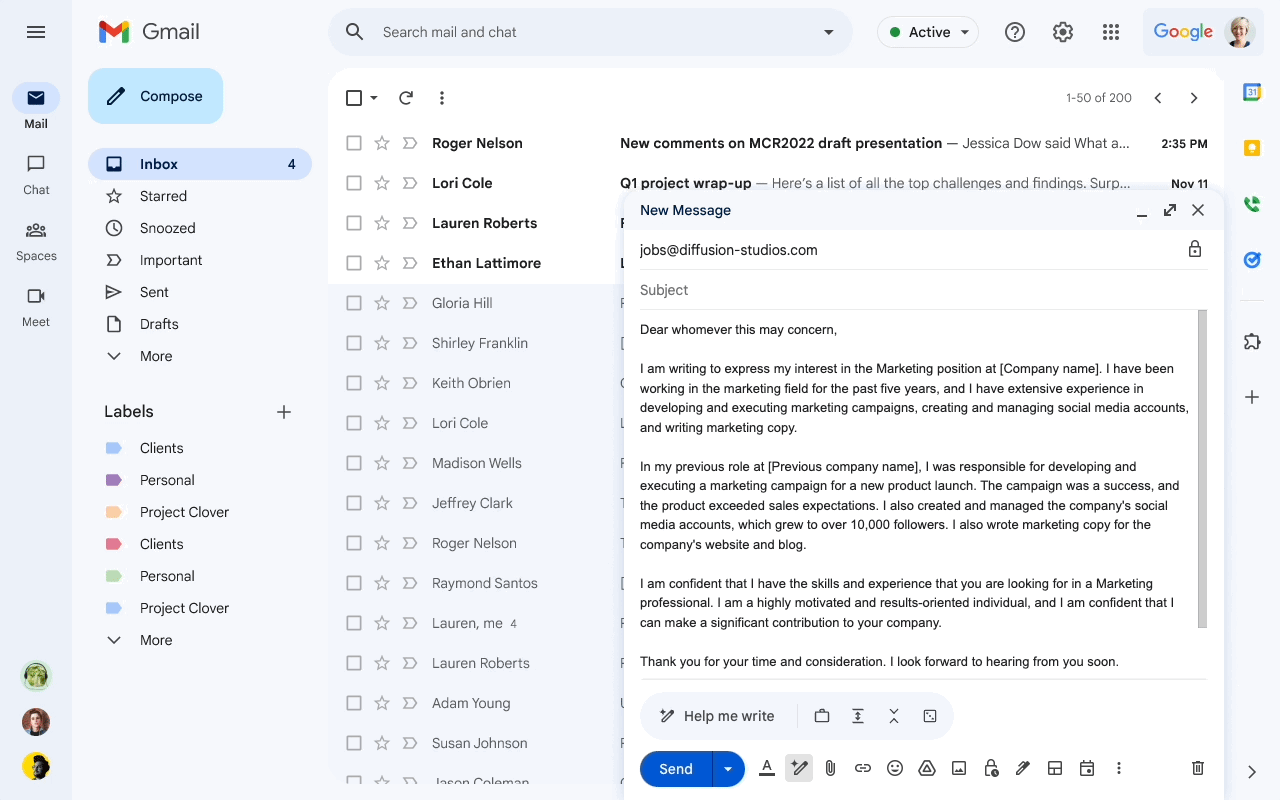 Uma animação mostrando como usar a IA no Gmail para refinar um rascunho de carta de apresentação