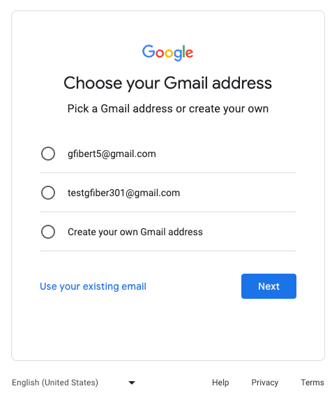 "Create a Google Account" page, showing radio buttons for several different Gmail addresses.