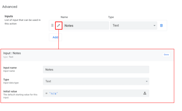 Input configuration showing Notes defined with an initial value of n/a