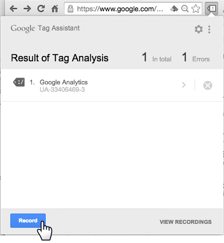 Pagina cu rezultate Google Tag Assistant