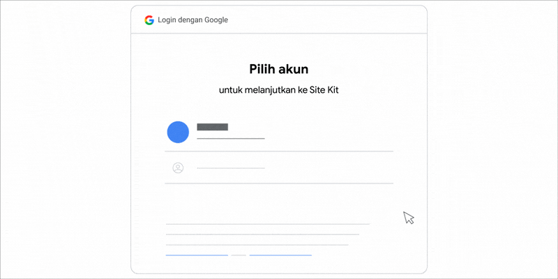 GIF animasi yang menunjukkan cara memilih Akun Google untuk melanjutkan ke Site Kit.