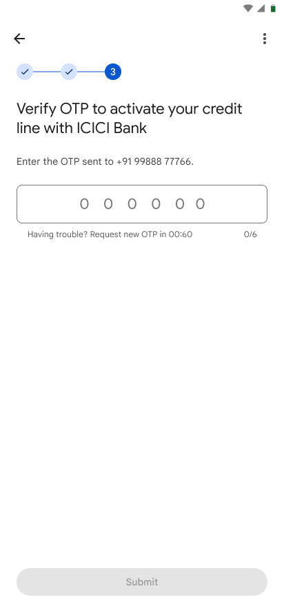Enter OTP to activate credit line