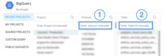 Enter dataset and table manually in BigQuery connector.
