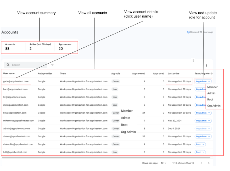 Accounts page in the AppSheet Admin Console